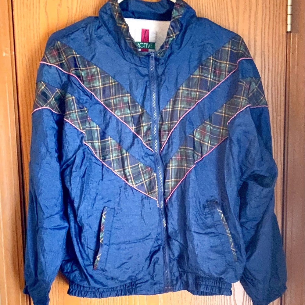 VINTAGE WOMENS ACTIVE EXPOSURE WINDBREAKER JACKET NAVY BLUE PLAID ACCENTS ZIPPER